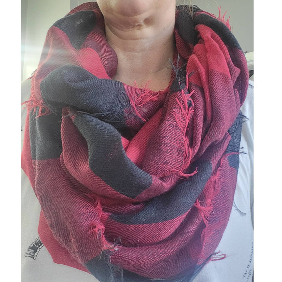 Lane Bryant Lightweight Red & Black Plaid Infinity Scarf with fringe ends - Picture 1 of 5